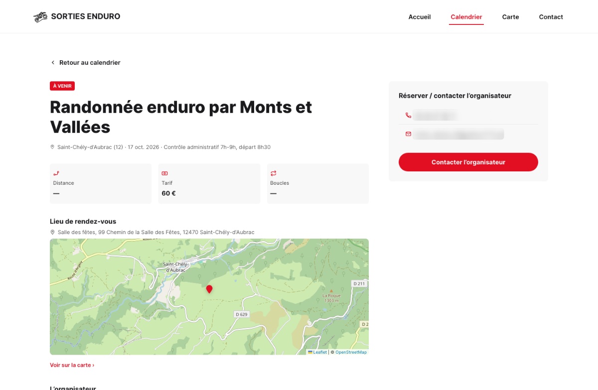 Sorties Enduro — fiche détaillée d’une randonnée avec bloc de contact de l’organisateur